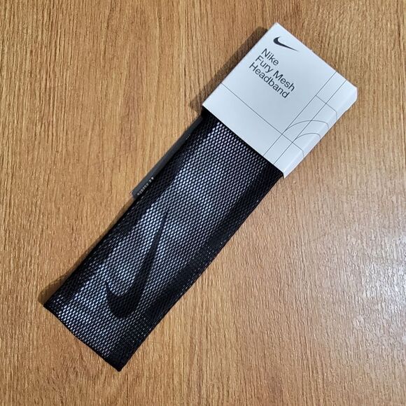 Nike Fury Mesh Headband Black White Swoosh Elastic Dri-Fit Gym Training Yoga New - Picture 3 of 8